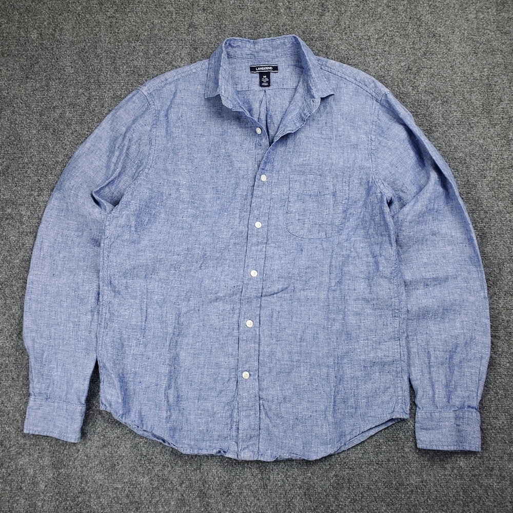 Lands End 100% Linen Shirt Mens Medium Button Up Lightweight Summer Beach Casual